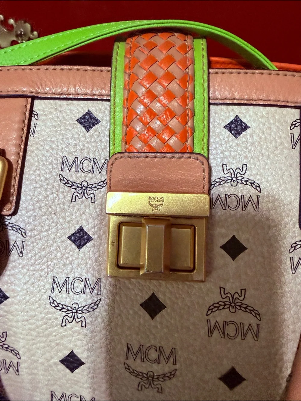 MCM Beige Monogram Veronika Visettos Tote with Orange and green detail